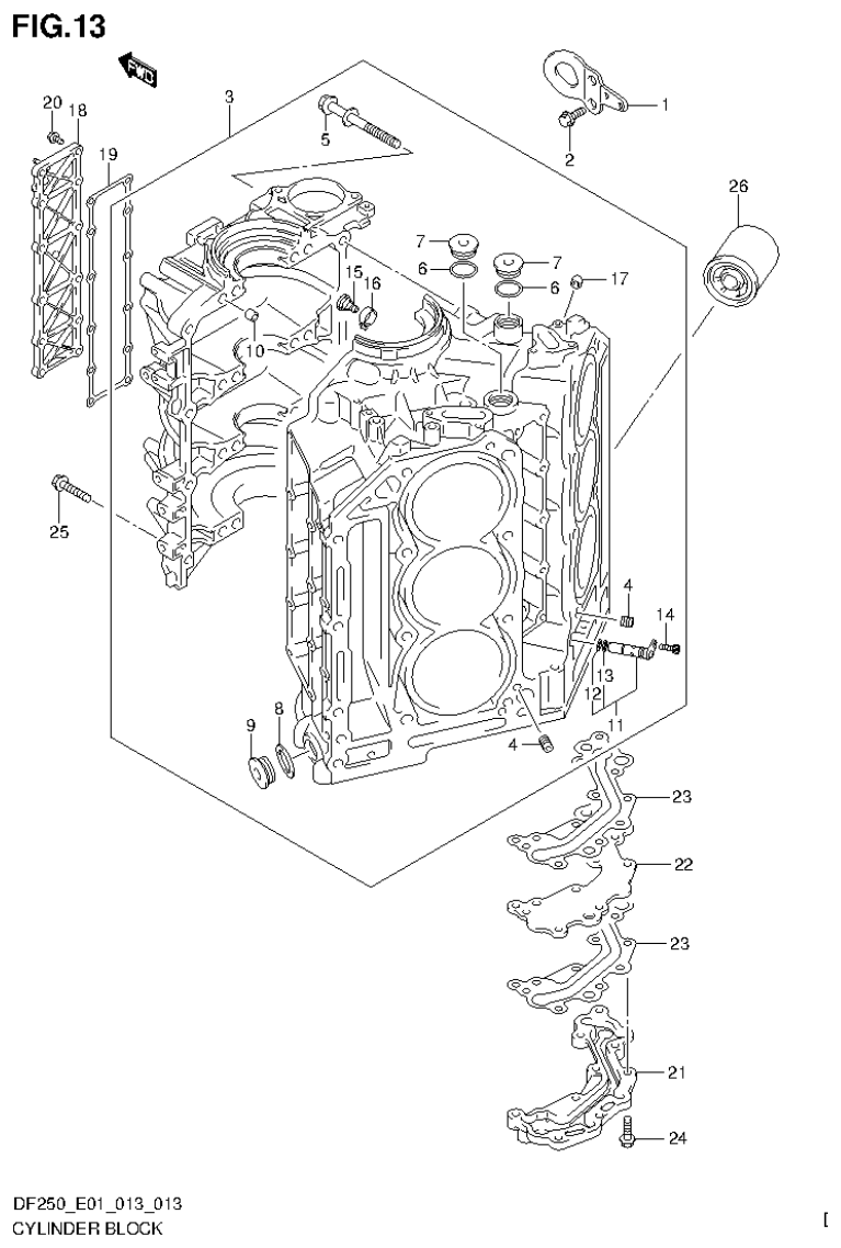 Suzuki DF200T, DF200Z, DF225T, DF225Z, DF250T, DF250Z CYLINDER BLOCK parts diagram